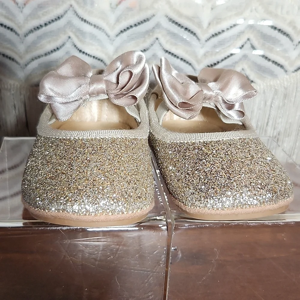 H&M 2-3 3-6 Months Baby Gold Glitter Bow Detail Ballerina Flats